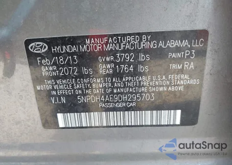 2013 Hyundai Elantra Gls z USA, uszkodzony, nr VIN 5NPDH4AE9DH295703